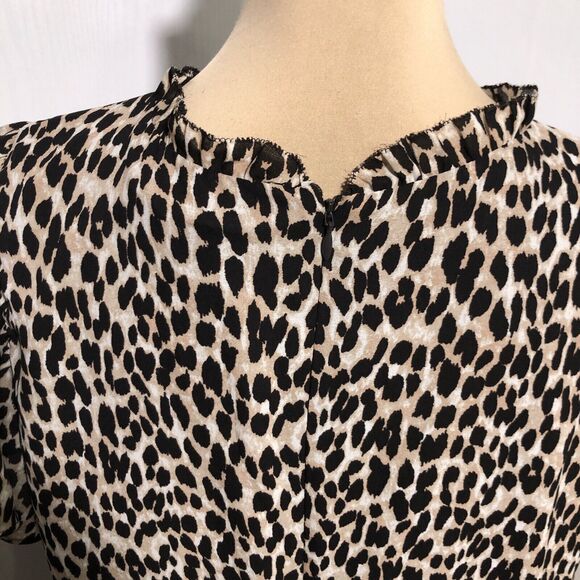 Loft Dress Womens XL Brown Black Leopard Print Babydoll Ruffle Flutter Sleeve - Picture 13 of 16